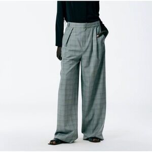 TIBI Menswear Suiting Asymmetrical Pleat Plaid Stella Wide Leg Trouser Pants